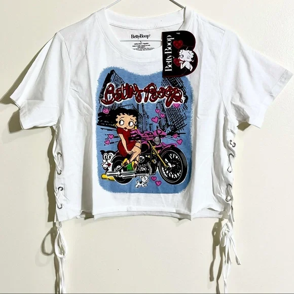 💥SOLD in store💥 Betty Boop Biker Babe Lace-Up Crop Top Size Large - Picture 7 of 12